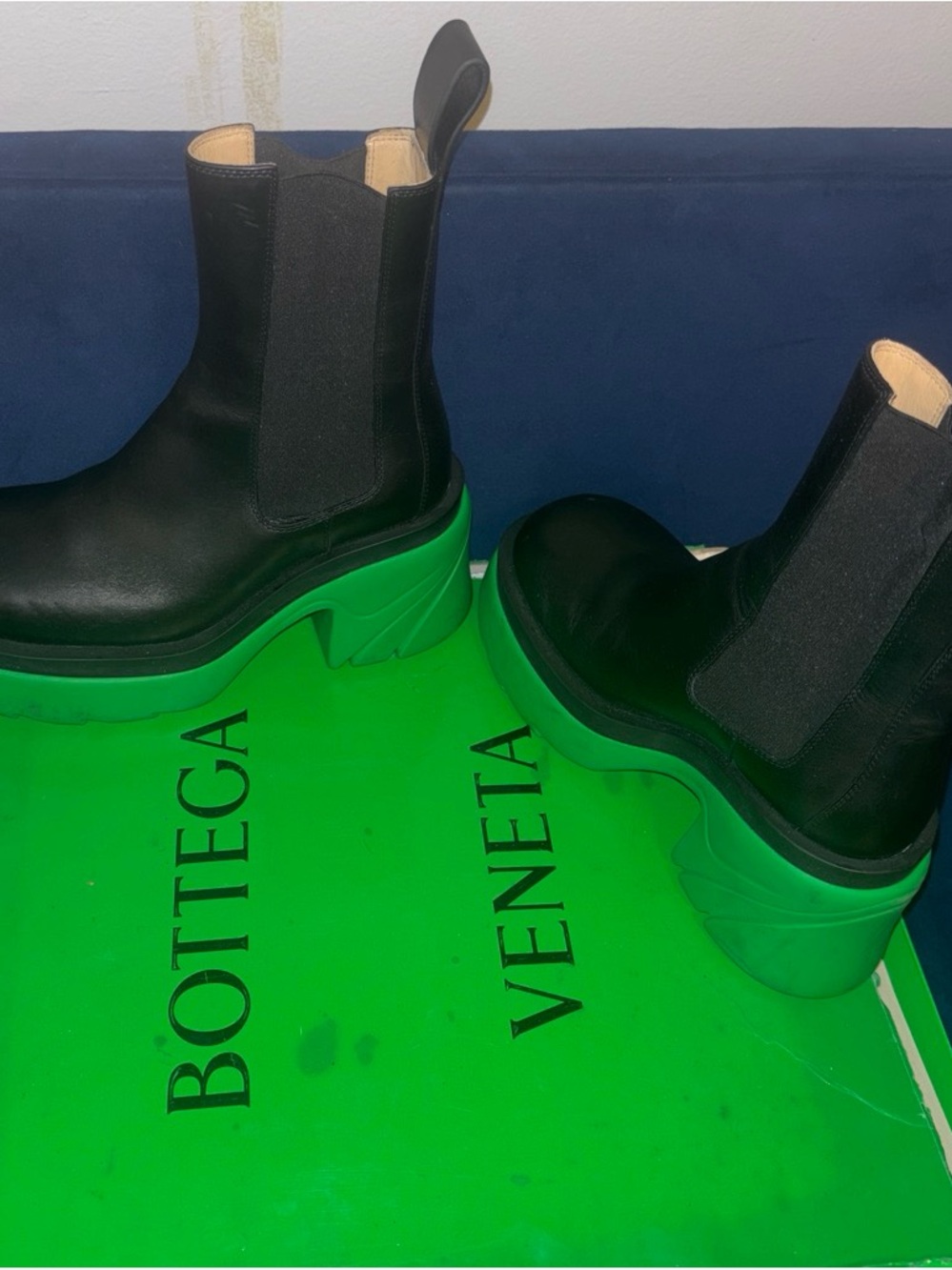 Bottega Veneta Black Leather Lace-Up Boots with Green Platform